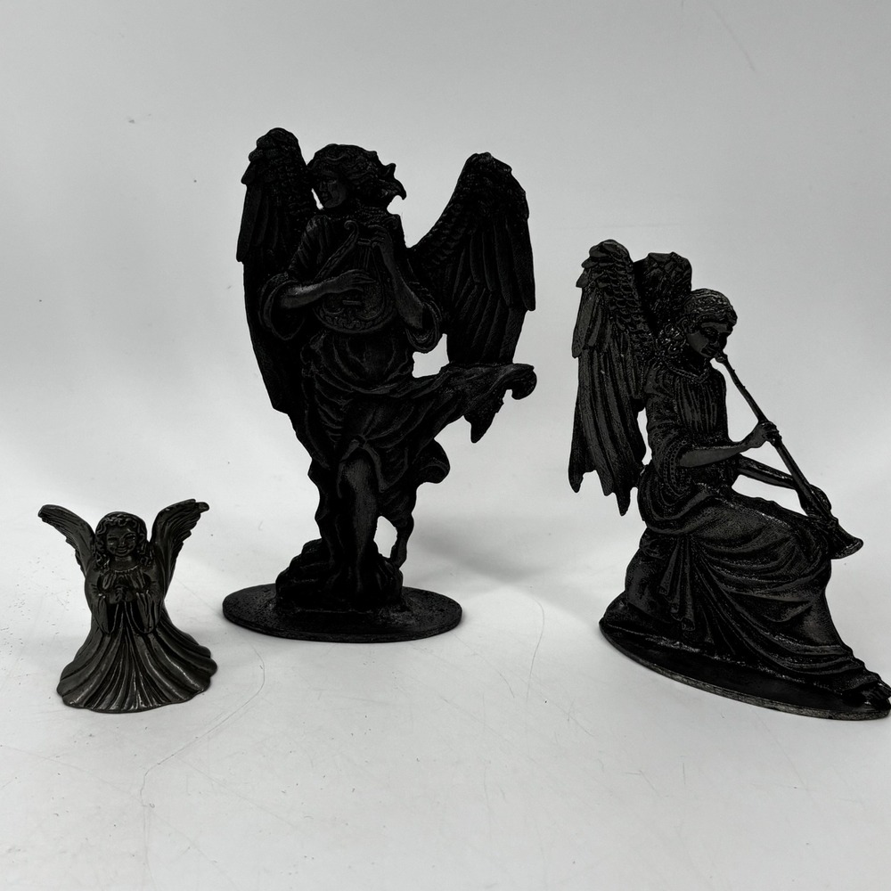 Vintage Pewter Angel Figurine Set Harp Flute Praying Religious Decor 3 Piece